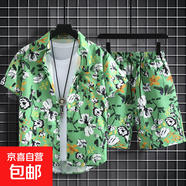 夏威夷沙灘冰絲花襯衫短袖男士寬松大碼襯衣搭短褲潮流情侶兩件套 C91 （襯衫+短褲）兩件套 5XL (建議185-200斤)