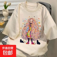 爆款100%純棉短袖t恤可愛小女孩印花學(xué)生百搭寬松顯瘦休閑上衣DPJ 2617純棉-杏色 3XL 可穿200斤以內(nèi)
