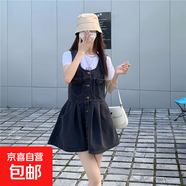 減齡氣質(zhì)設計感蝴蝶結牛仔背帶短裙女夏季薄款大碼收腹顯瘦連衣裙 黑色蝴蝶結背帶短裙單款 S碼（建議80-95斤）