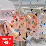 新款棉綢睡裙套裝夏季薄款女童印花睡衣休閑甜美新款無(wú)袖15xk402 綿綢卡通小兔套裝 130 cm