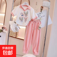 女童夏裝套裝裙多巴胺穿搭2025新款洋氣夏季中大童短袖褲子兩件套 粉色褲子套裝 160