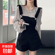 減齡氣質(zhì)設計感牛仔背帶短褲女夏季薄款大碼韓版寬松小個(gè)子連體褲 黑色牛仔背帶短褲單件 L碼（建議105-115斤）
