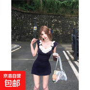 純棉【星河碎鉆】蕾絲拼接設計辣妹連衣裙性感顯瘦吊帶裙子 藏青色 M