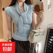 法式系帶白色無袖針織衫女2025新款韓系氣質(zhì)V領(lǐng)內(nèi)搭打底背心上衣 藍(lán)色 L
