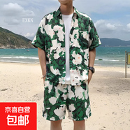 夏威夷襯衫短褲男套裝港風(fēng)夏季薄款海邊度假沙灘短袖花襯衣兩件套 3609綠（套裝） XL