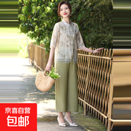 媽媽裝夏季新款洋氣短袖襯衫T恤套裝中老年女新中式國風(fēng)套裝 綠色套裝 XL