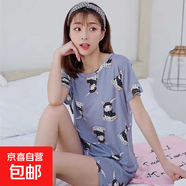 夏季可愛ins風(fēng)睡衣女士短袖短褲韓版卡通可愛甜美家居服少女套裝 厚款SMX藍圍巾兔短套 2XL