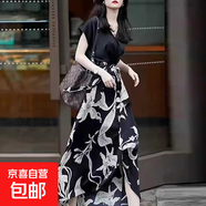 法式碎花連衣裙女2025夏季新款氣質(zhì)顯瘦V領(lǐng)開叉不規(guī)則長(zhǎng)裙D0792 黑色 S 【100斤以下】