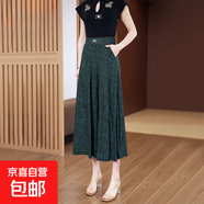 夏季新款闊腿媽媽裙褲提花高腰顯瘦中老年女褲薄款休閑九分褲 綠色 4XL 建議130-145斤