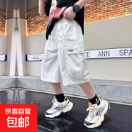 男童褲子夏季工裝褲短褲白色2024新款夏裝中大兒童男孩薄款七分褲 白色 160