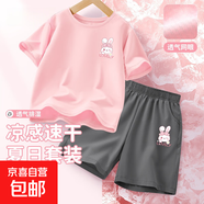 【2件套】女童運(yùn)動(dòng)套裝2025新款冰絲速干女大童夏裝衣服兒童短袖 兔美美K粉+兔美美K鐵灰 160
