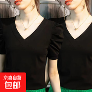 短袖t恤女2025新款夏純棉純色泡泡袖上衣V領(lǐng)修身顯瘦正肩爆款體恤 K7-黑色+黑色 XL 建議115-125斤