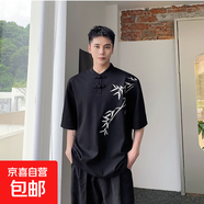 夏季新中式盤扣短袖T恤男小眾刺繡竹子設(shè)計(jì)感復(fù)古痞帥國風(fēng)半袖t恤 【潮協(xié)】T60-黑色 3XL