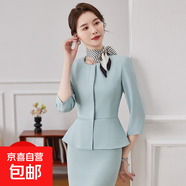 春秋季新款藍(lán)色七分袖小西裝外套女美容院珠寶店兩件套裝職業(yè)裝 綠色 單件西裝（JY6210） 3XL