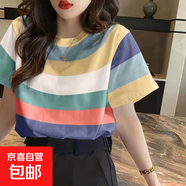 夏季百搭圓領(lǐng)條紋短袖t恤女裝新款寬松上衣休閑彈力學(xué)生體恤衫ins 彩條 L【建議100-125斤】