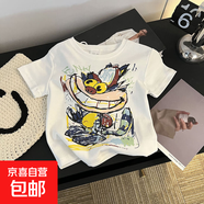 2025男女童夏季純棉短袖T恤中大童時(shí)尚卡通印花兒童新款半袖上衣 白色-大嘴鴨涂鴉 130