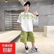 男童夏季套裝2025新款夏裝短袖中大兒童男孩洋氣薄款痞帥炸街潮酷 CQS-TZ40【果綠色套裝】 150