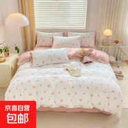 新款A類(lèi)水洗棉雙層紗印花四件套單被套學(xué)生宿舍三件套單雙人被罩 郁金香-粉 1.8m床單款四件套被套180x220cm