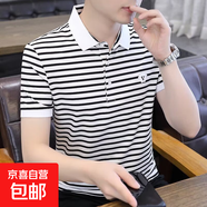 夏季新款條紋短袖t恤男薄款翻領(lǐng)潮流男裝上衣輕薄涼爽寬松百搭D 共惠P0080白色 3XL