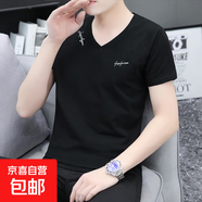 2025夏季男士短袖t恤男V領(lǐng)薄款潮流純棉上衣半袖修身體恤衫休閑WF Q663黑色 純棉T恤 3XL 建議150-170斤