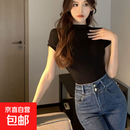 純欲風(fēng)短袖t恤女夏季新款修身顯瘦半高領(lǐng)緊身內搭女裝上衣打底衫 炫半高領(lǐng)短袖T恤黑色 XL