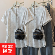 夏季新款扎染獨(dú)特設(shè)計(jì)短袖t恤女大碼寬松胖mm顯瘦遮肚V領(lǐng)百搭上衣 K24-白色+白色 4XL 建議體重170-190斤