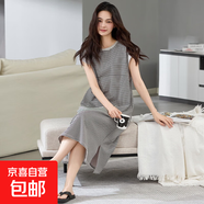 睡裙女夏季純棉2025新款韓版條紋無(wú)袖背心吊帶裙寬松大碼長(cháng)款開(kāi)叉 Z32008 2XL