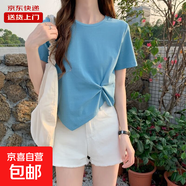 短袖t恤女夏季正肩上衣顯瘦不規(guī)則扭結遮肚胖mm短款小個子RL#A002 KJY#A002#藍色 M 【92斤以下】