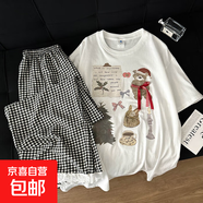 睡衣女款夏季純棉短袖格子長(cháng)褲2025新款可外穿ins學(xué)生家居服套裝 7c111白 2XL