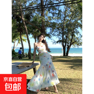 度假風(fēng)水彩吊帶連衣裙女夏季網(wǎng)紗長(cháng)裙修身魚(yú)尾裙純欲收腰包臀裙子 圖片色 L