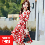 碎花雪紡連衣裙女夏裝V領(lǐng)短袖收腰顯瘦小個(gè)子百搭A字短裙J738 紅色 XL （125-135斤）