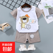【兒童短袖套裝】純棉男童T恤寶寶夏季童裝中小女短褲嬰兒衣服 F10-足球小熊 90 cm