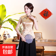 復古改良旗袍上衣女裝夏季中國風(fēng)中式日常短袖立領(lǐng)上衣演出服J02 金色龍鳳 2XL （115-125斤）