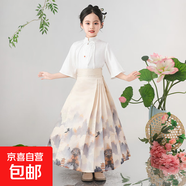 新款兒童裝馬面裙套裝帶項鏈女孩夏季國風(fēng)唐裝漢服裙子學(xué)生演出服 米色套裝+項鏈 170cm
