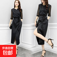 2025夏裝新款赫本風(fēng)高級(jí)感連衣裙女氣質(zhì)名媛開(kāi)叉中長(zhǎng)裙子包臀裙子 黑色 SBY18B9512 XL 121-130斤