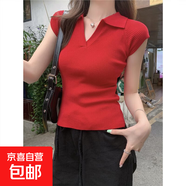 粉色polo領(lǐng)短袖t恤女夏季新款修身內(nèi)搭打底衫小飛袖針織上衣BYNT 紅色 XL