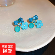 銀針鑲鉆貓眼石人造水晶款花朵耳環(huán)韓國甜美時尚耳釘簡約氣質(zhì)耳飾 銀針-藍(lán)色