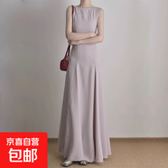 2025夏裝新款三醋酸高級感連衣裙女收腰顯瘦a字純色仙女背心長(cháng)裙 柔灰粉 SBY24B0421 XL 116-125斤