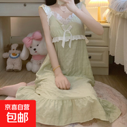 帶胸墊睡衣女夏云朵棉吊帶睡裙甜美公主韓版花邊家居服中裙純欲風(fēng) 240701青草綠色 M