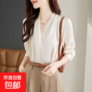 法式V領(lǐng)襯衫秋裝新款高級感垂感上衣高端緞面襯衣女裝 杏色 3碼=M