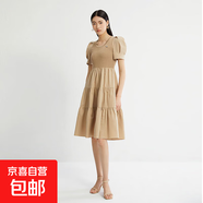 【伊芙麗制造商】紐扣設(shè)計立體褶皺短袖連衣裙女氣質(zhì)收腰顯瘦裙子 卡其色 XL