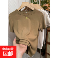高級(jí)感純棉螺紋短袖t恤女夏2025新款內(nèi)搭修身顯瘦體恤正肩上衣888 卡其色 XL 建議110-125斤