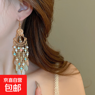 民族風(fēng)鳳凰月牙流蘇耳釘小眾復古設計感耳環(huán)夏季女輕奢高級感耳飾 32#耳鉤-綠色-藍色
