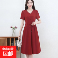 媽媽夏季連衣裙中年女新款休閑氣質(zhì)收腰顯瘦時(shí)尚高檔洋氣短袖裙子 酒紅色 4XL 120-130斤左右