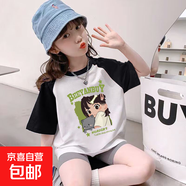 童裝純棉短袖T恤夏季新款中大童插肩拼接hellokitty卡通洋氣上衣 黑白-BEE綠色抱貓女孩 160