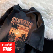 港風(fēng)100%純棉字母印花短袖t恤男夏季新款寬松百搭ins潮半袖T恤-SL CM31黑色 【單件裝】 L 【建議105-130斤】