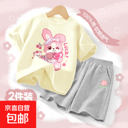 【2件套】女童套裝夏季2025新款洋氣純棉短袖女孩運動(dòng)服兒童夏裝 櫻桃伙伴象牙白+桃花K灰 120