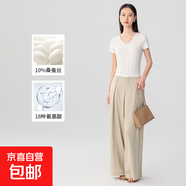 【之禾制造商】桑蠶絲免燙螺紋短袖t恤女休閑正肩透氣短袖上衣HYM 白色V領 2XL