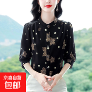 黛維亞黛維亞時(shí)尚印花襯衫新款洋氣媽媽襯衣七分袖顯瘦遮肉雪紡上 黑花色 2XL 【建議125-135斤】