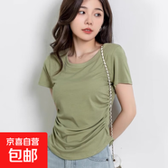 【收腰顯瘦】女裝新款夏季上衣帶胸墊短袖T恤褶皺瑜伽運(yùn)動(dòng)打底衫 綠色 XL （120-135斤）